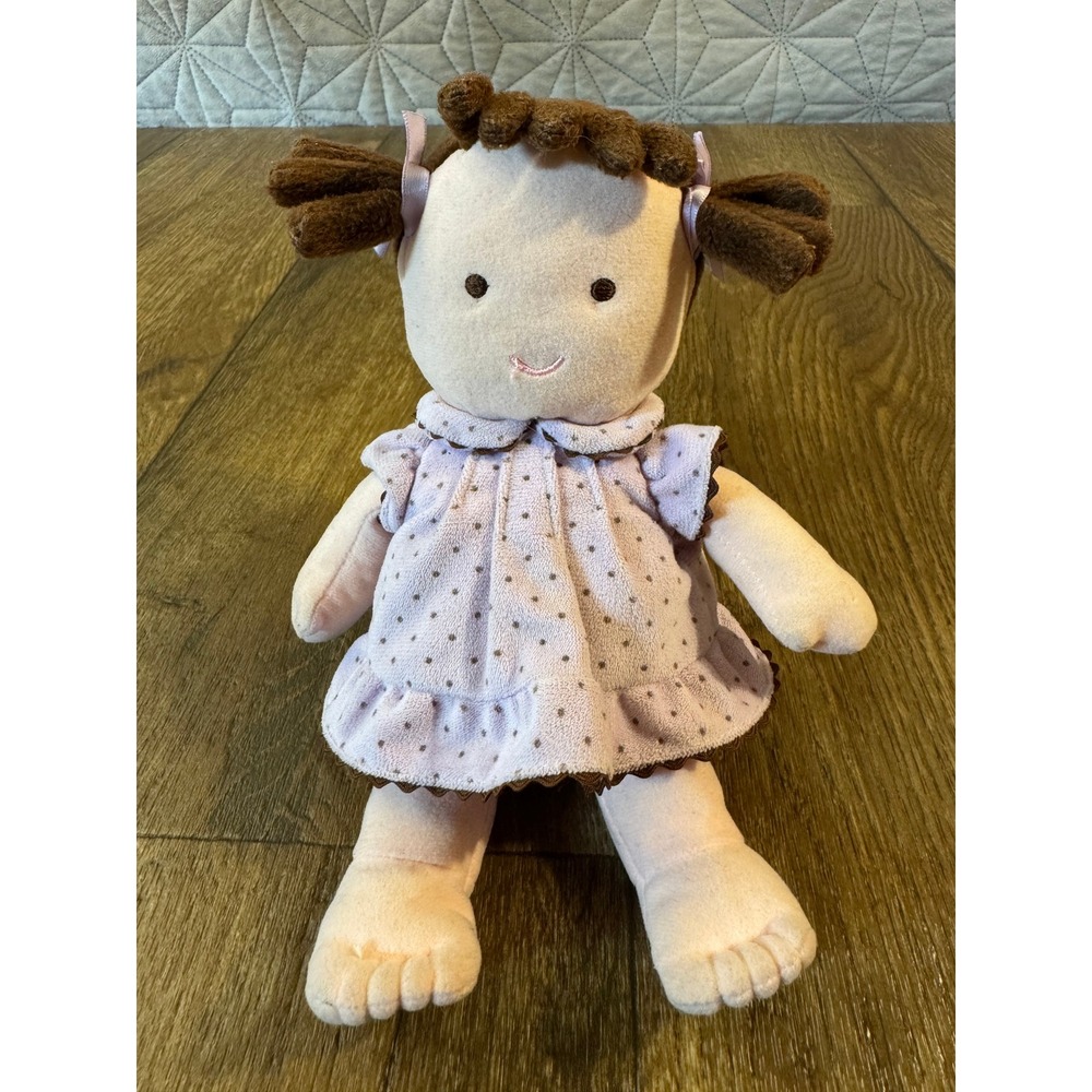 Carters Plush Baby Doll Rattle Toy Purple Dress Polka Dot Brown Pigtails 2008